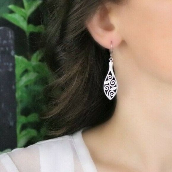 Sterling Silver Swirl Leaf Earrings Long Dangle Drop Earrings - Picture 2 of 7